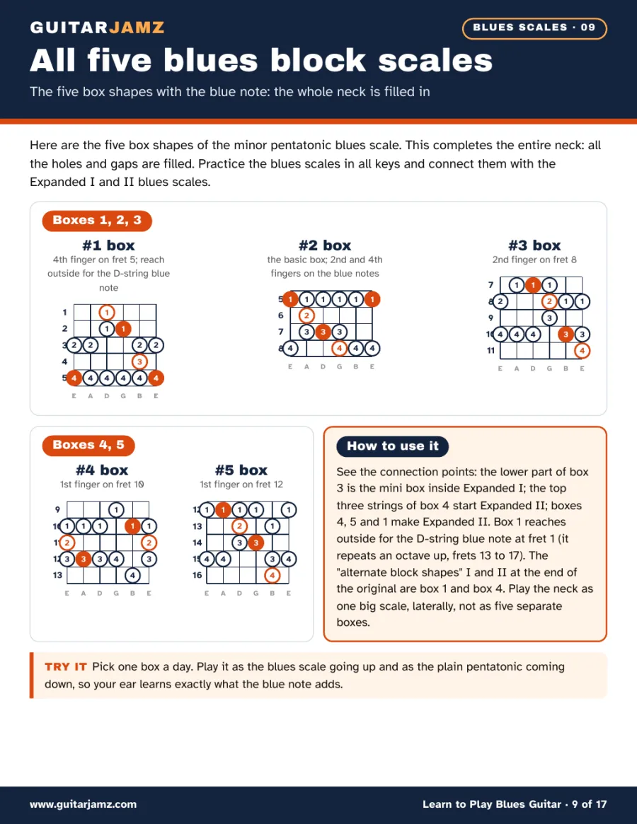 Page 9 of the ebook: five fretboard diagrams, one for each blues scale box, with the root notes in orange and the blue notes ringed