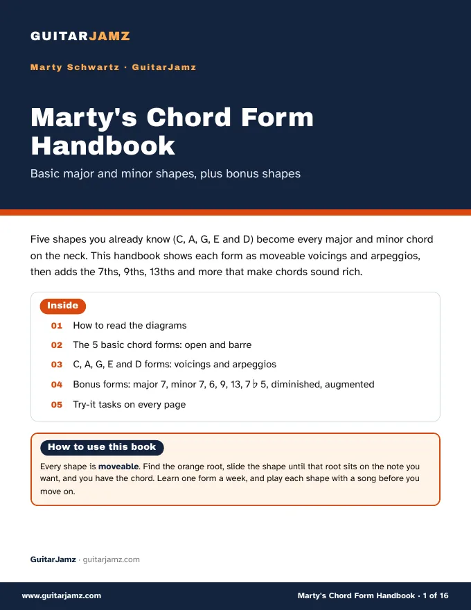 The cover of Marty's Chord Form Handbook from GuitarJamz