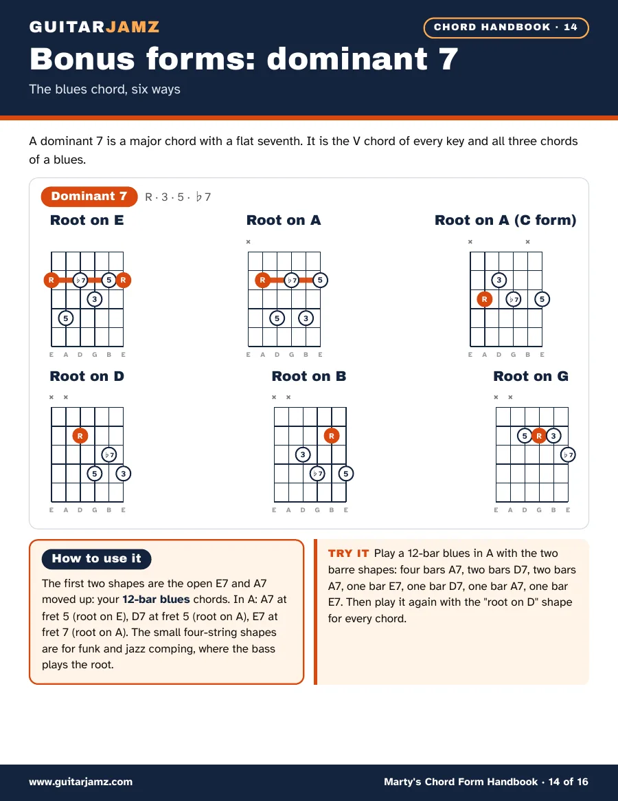 Page 14 of the handbook: six moveable dominant 7 chord shapes with the root on the E, A, D, B and G strings, and a 12-bar blues to play with them