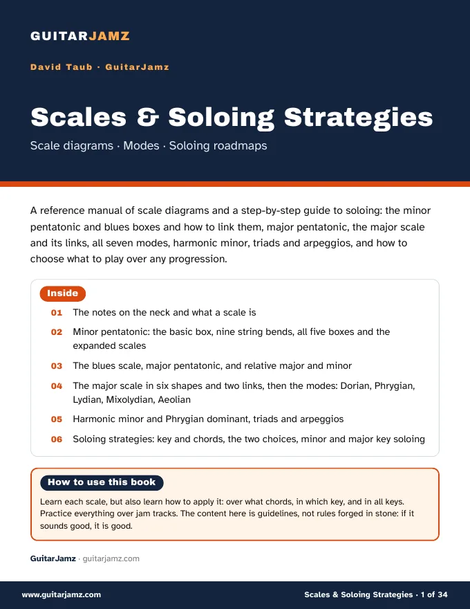 The cover of the Scales & Soloing Strategies ebook by David Taub from GuitarJamz