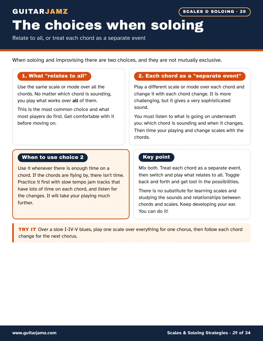 Page 29 of the ebook: playing one scale over all the chords, or a new scale over each chord as a separate event, and when to use each